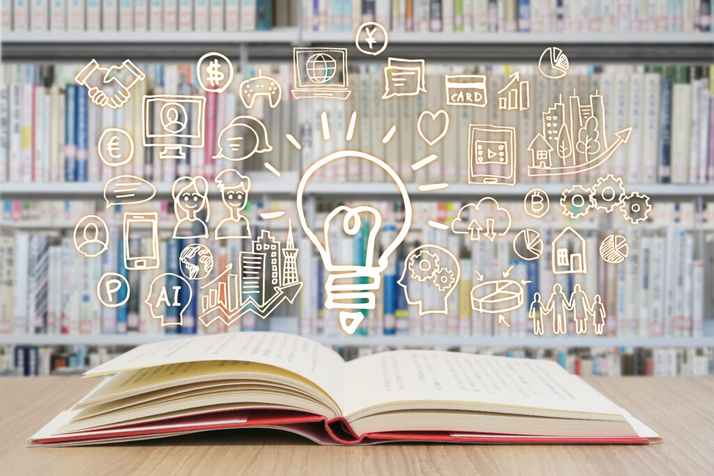 読書で学習する様々な知識・図書館背景-スマホ・パソコン・ネットワーク・ビジネスのアイデア