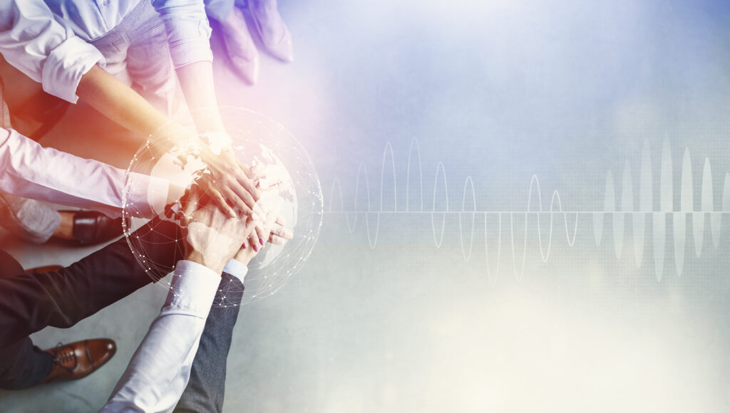 Unrecognizable confident businessman and workers holding hands standing, double exposure with abstract planet, graphic. Team building, cooperation, teamwork and business, top view, panorama, collage